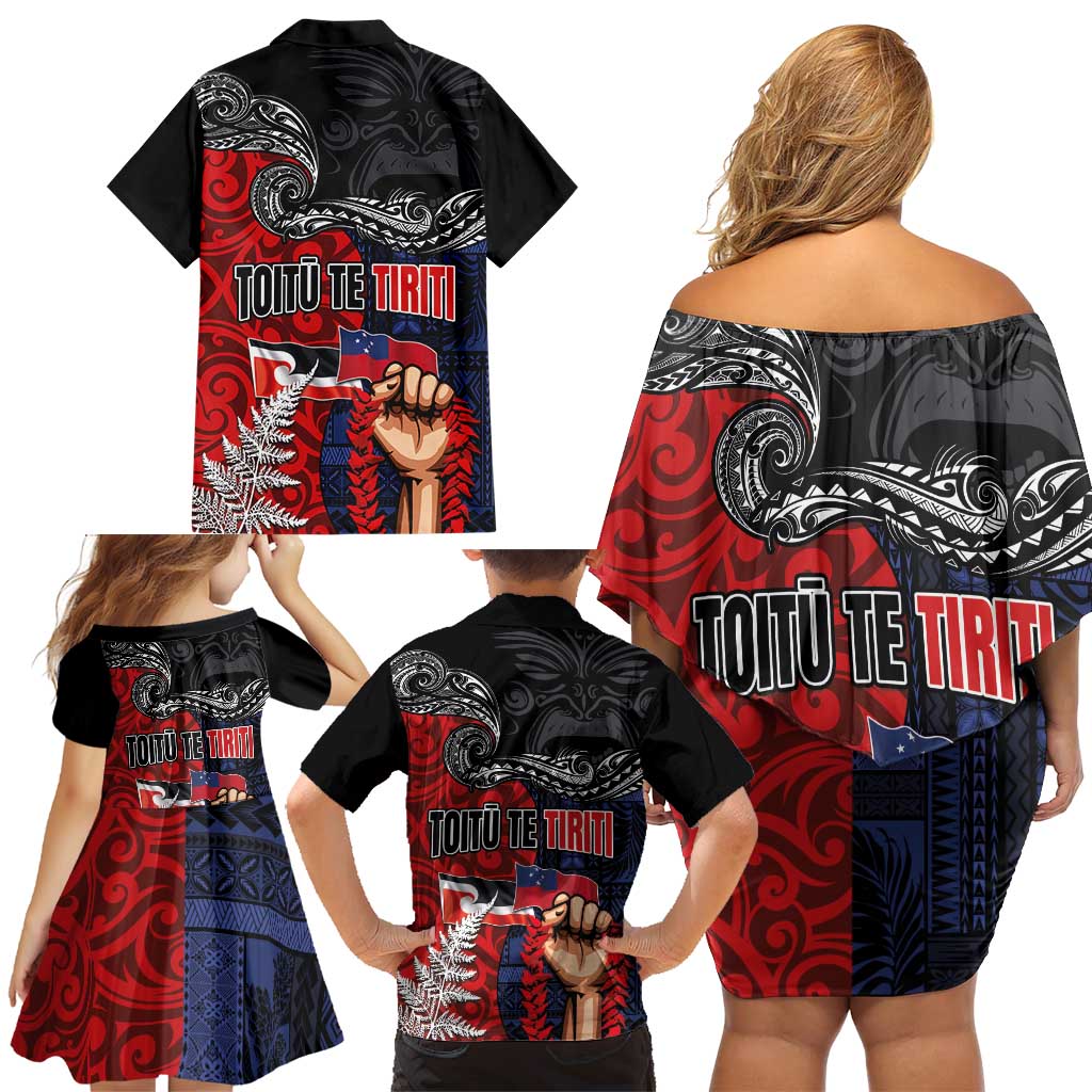 Aotearoa and Samoa Toitu Te Tiriti Family Matching Off Shoulder Short Dress and Hawaiian Shirt Honour the Treaty - Te Tiriti Is Us LT03 - Polynesian Pride