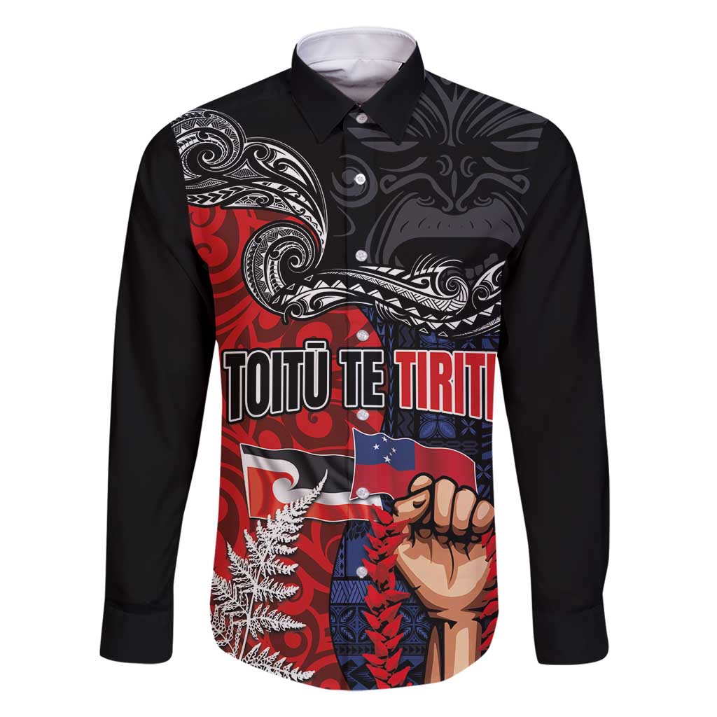 Aotearoa and Samoa Toitu Te Tiriti Family Matching Off Shoulder Short Dress and Hawaiian Shirt Honour the Treaty - Te Tiriti Is Us LT03 Dad's Shirt - Long Sleeve Black - Polynesian Pride