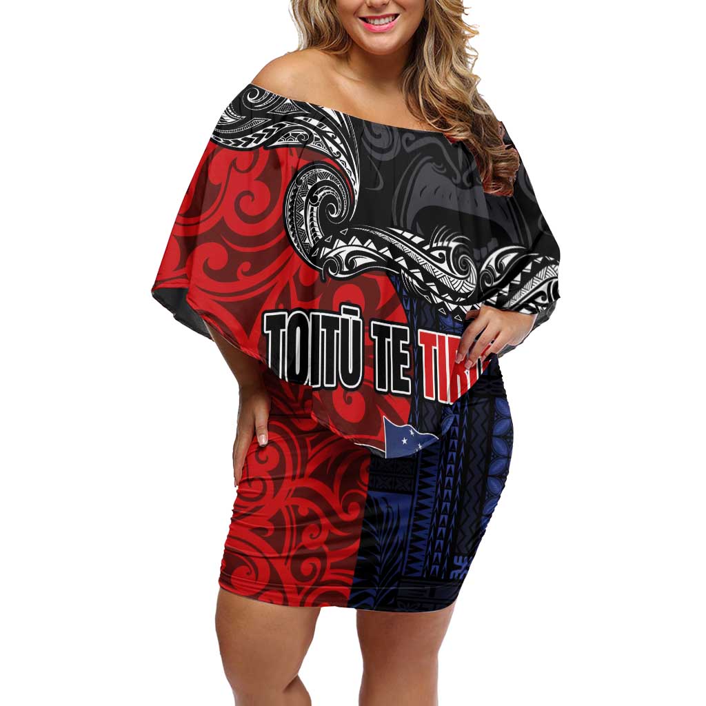 Aotearoa and Samoa Toitu Te Tiriti Family Matching Off Shoulder Short Dress and Hawaiian Shirt Honour the Treaty - Te Tiriti Is Us LT03 Mom's Dress Black - Polynesian Pride