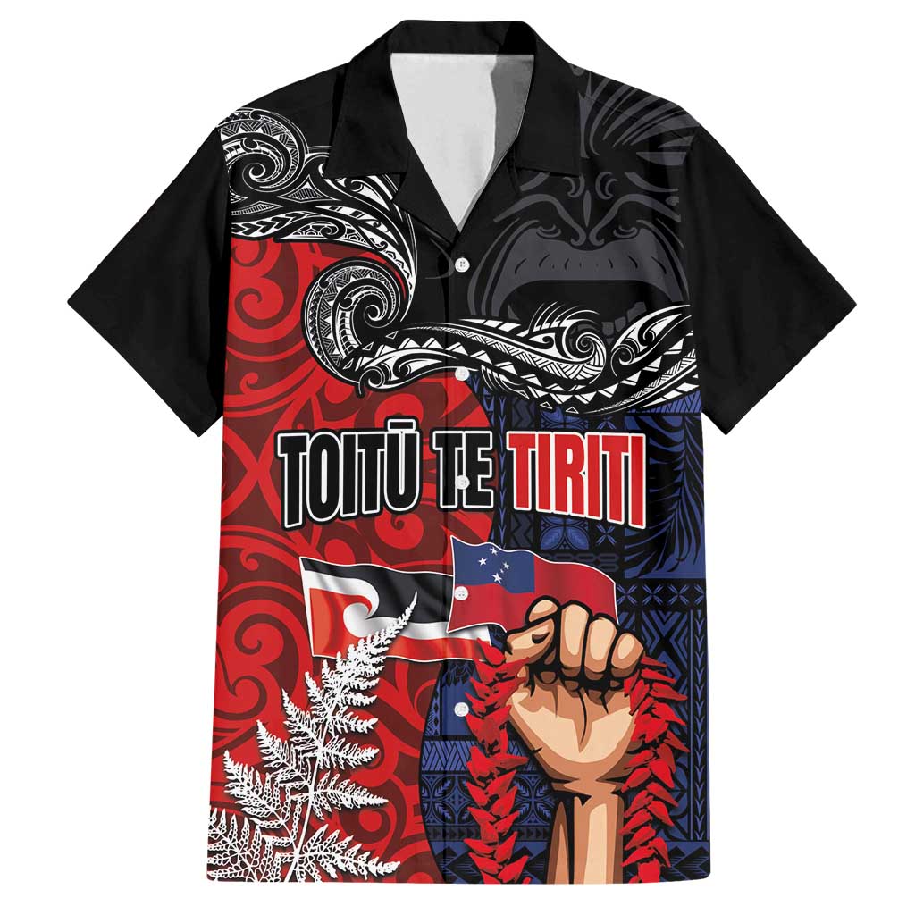 Aotearoa and Samoa Toitu Te Tiriti Family Matching Puletasi and Hawaiian Shirt Honour the Treaty - Te Tiriti Is Us LT03 Dad's Shirt - Short Sleeve Black - Polynesian Pride
