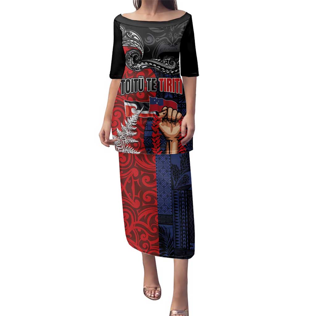 Aotearoa and Samoa Toitu Te Tiriti Family Matching Puletasi and Hawaiian Shirt Honour the Treaty - Te Tiriti Is Us LT03 Mom's Dress Black - Polynesian Pride