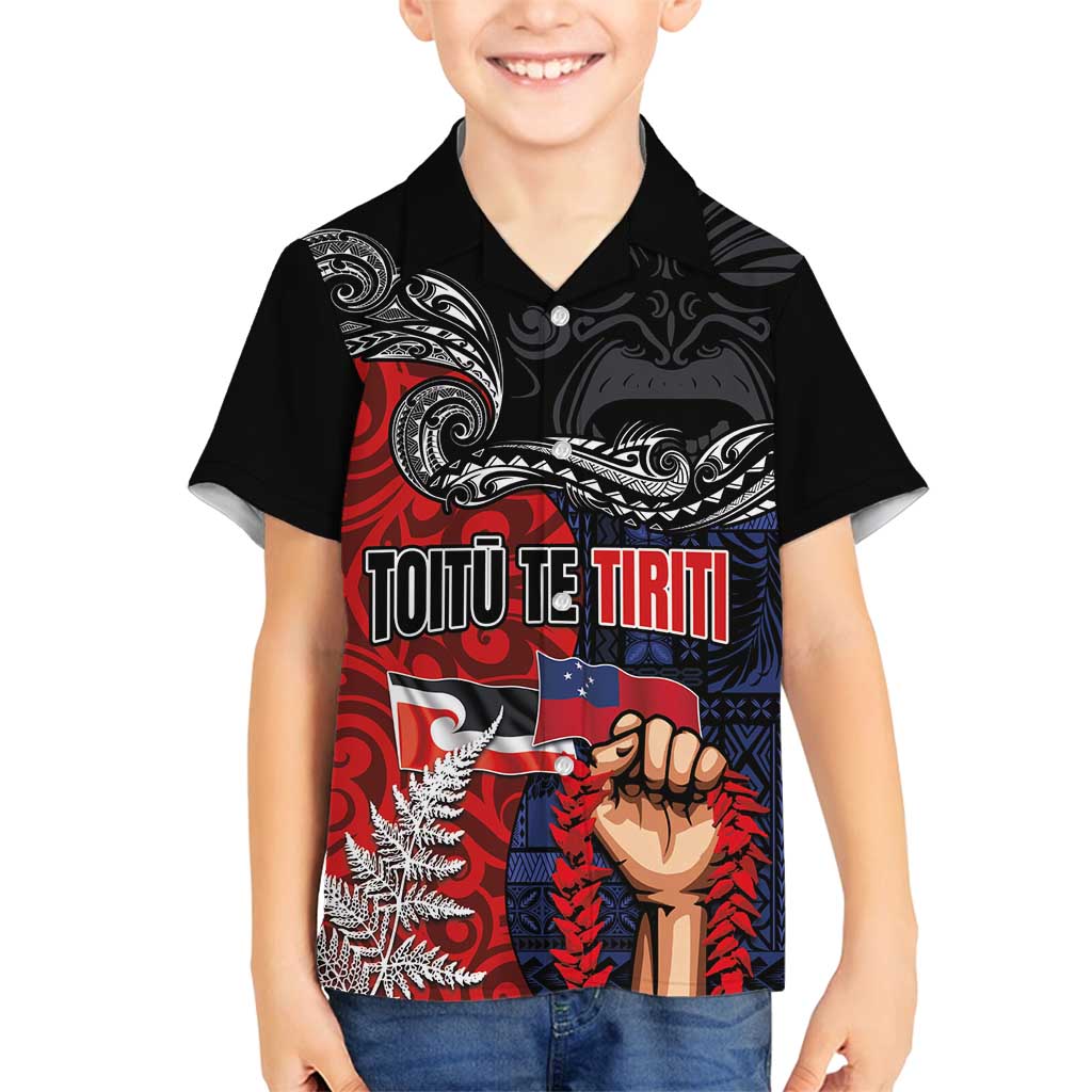 Aotearoa and Samoa Toitu Te Tiriti Family Matching Puletasi and Hawaiian Shirt Honour the Treaty - Te Tiriti Is Us LT03 Son's Shirt Black - Polynesian Pride
