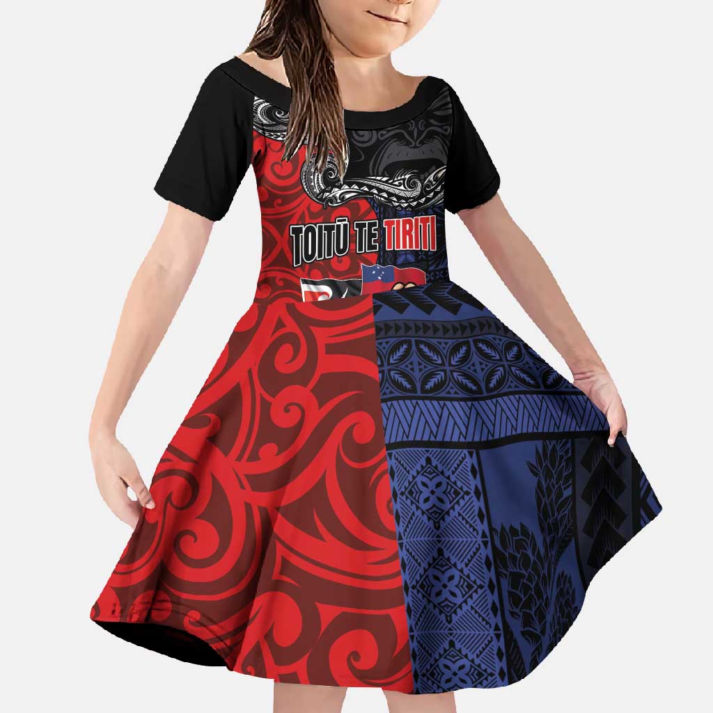 Aotearoa and Samoa Toitu Te Tiriti Family Matching Tank Maxi Dress and Hawaiian Shirt Honour the Treaty - Te Tiriti Is Us LT03 Daughter's Dress Black - Polynesian Pride