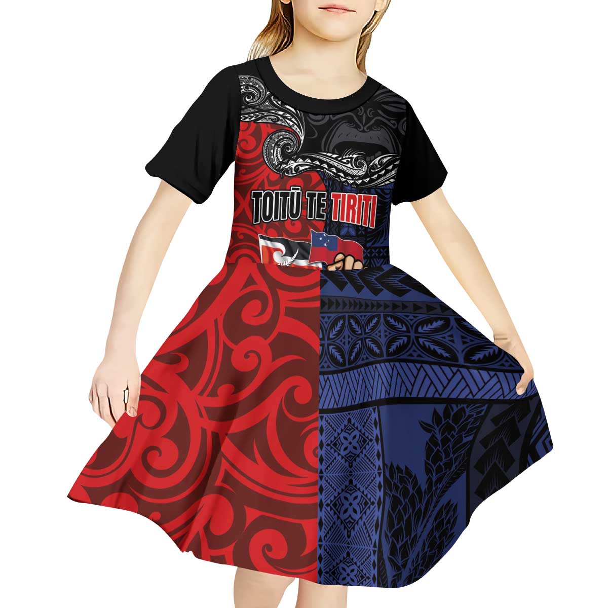 Aotearoa and Samoa Toitu Te Tiriti Kid Short Sleeve Dress Honour the Treaty - Te Tiriti Is Us LT03 - Polynesian Pride