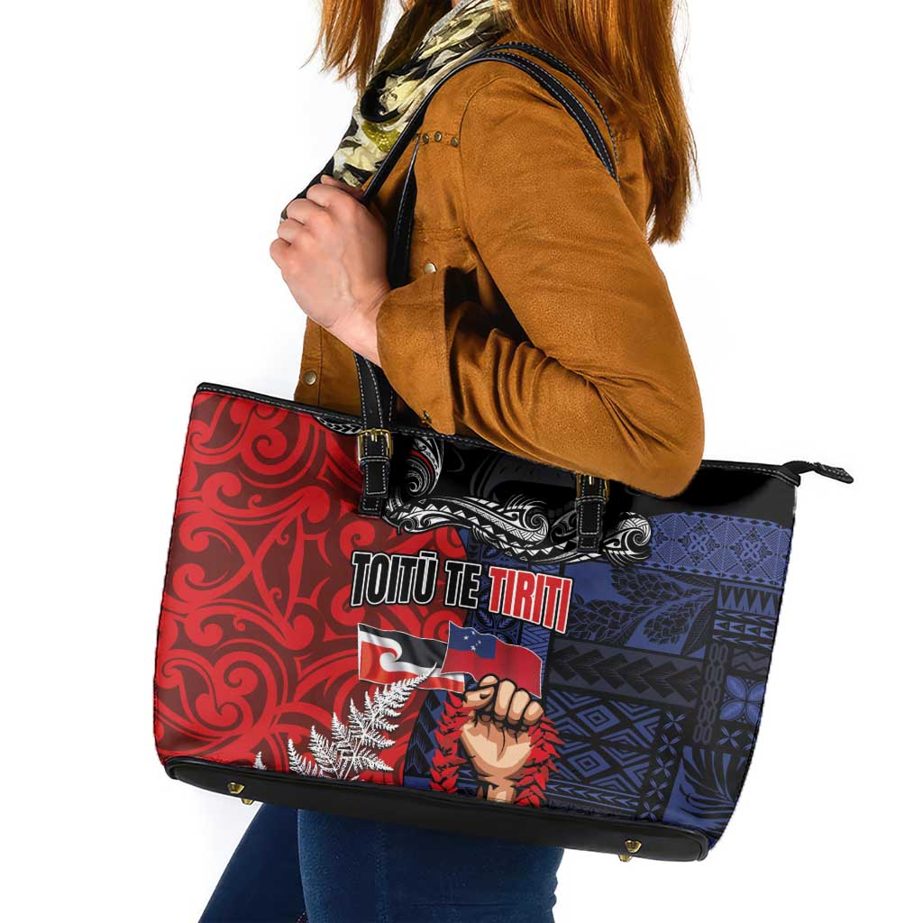 Aotearoa and Samoa Toitu Te Tiriti Leather Tote Bag Honour the Treaty - Te Tiriti Is Us LT03 Black - Polynesian Pride
