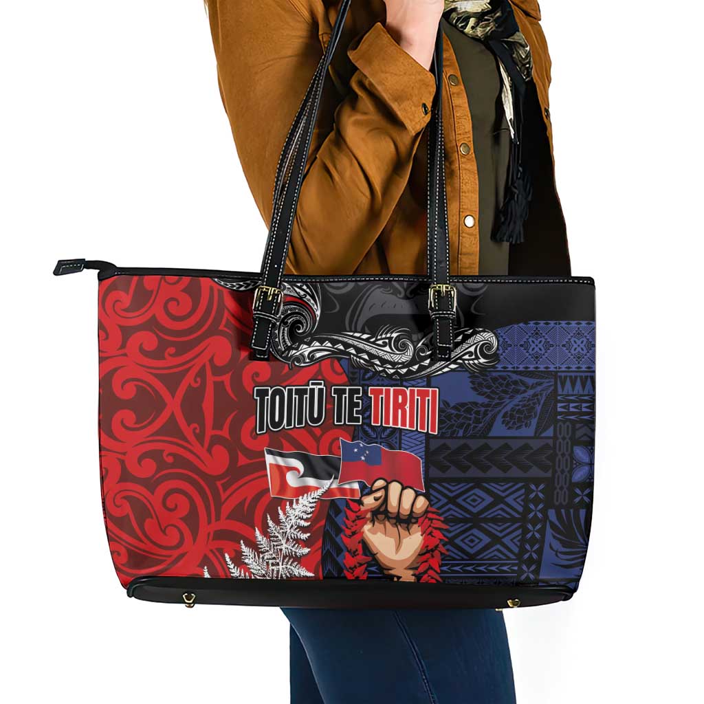 Aotearoa and Samoa Toitu Te Tiriti Leather Tote Bag Honour the Treaty - Te Tiriti Is Us LT03 - Polynesian Pride
