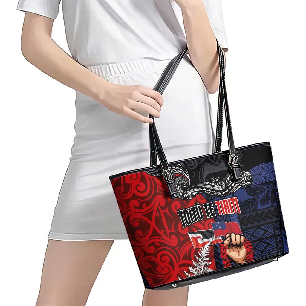 Aotearoa and Samoa Toitu Te Tiriti Leather Tote Bag Honour the Treaty - Te Tiriti Is Us LT03 - Polynesian Pride