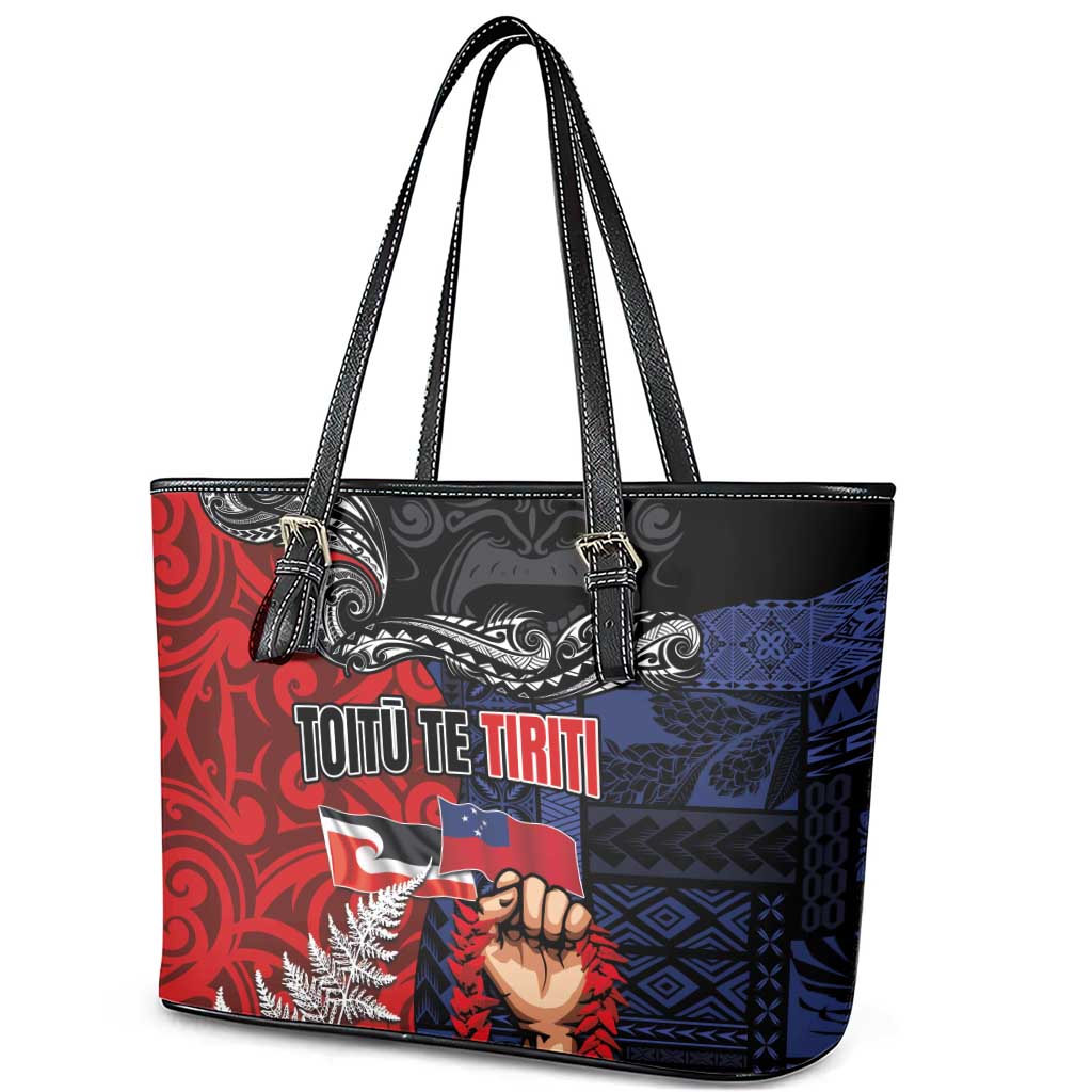 Aotearoa and Samoa Toitu Te Tiriti Leather Tote Bag Honour the Treaty - Te Tiriti Is Us LT03 - Polynesian Pride