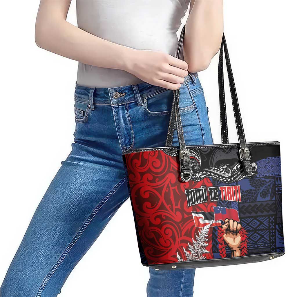 Aotearoa and Samoa Toitu Te Tiriti Leather Tote Bag Honour the Treaty - Te Tiriti Is Us LT03 - Polynesian Pride