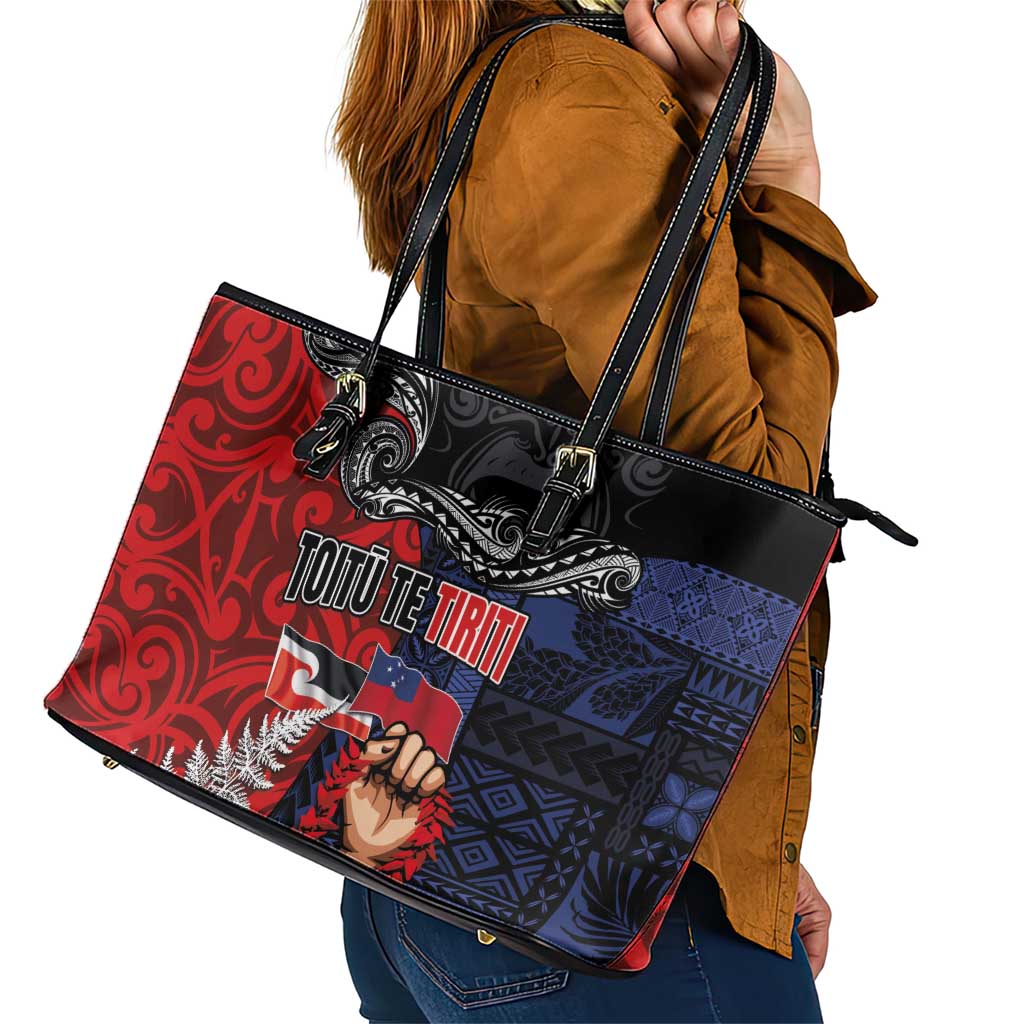 Aotearoa and Samoa Toitu Te Tiriti Leather Tote Bag Honour the Treaty - Te Tiriti Is Us LT03 - Polynesian Pride