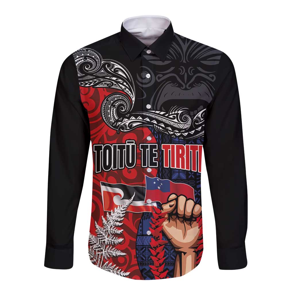Aotearoa and Samoa Toitu Te Tiriti Long Sleeve Button Shirt Honour the Treaty - Te Tiriti Is Us LT03 Unisex Black - Polynesian Pride