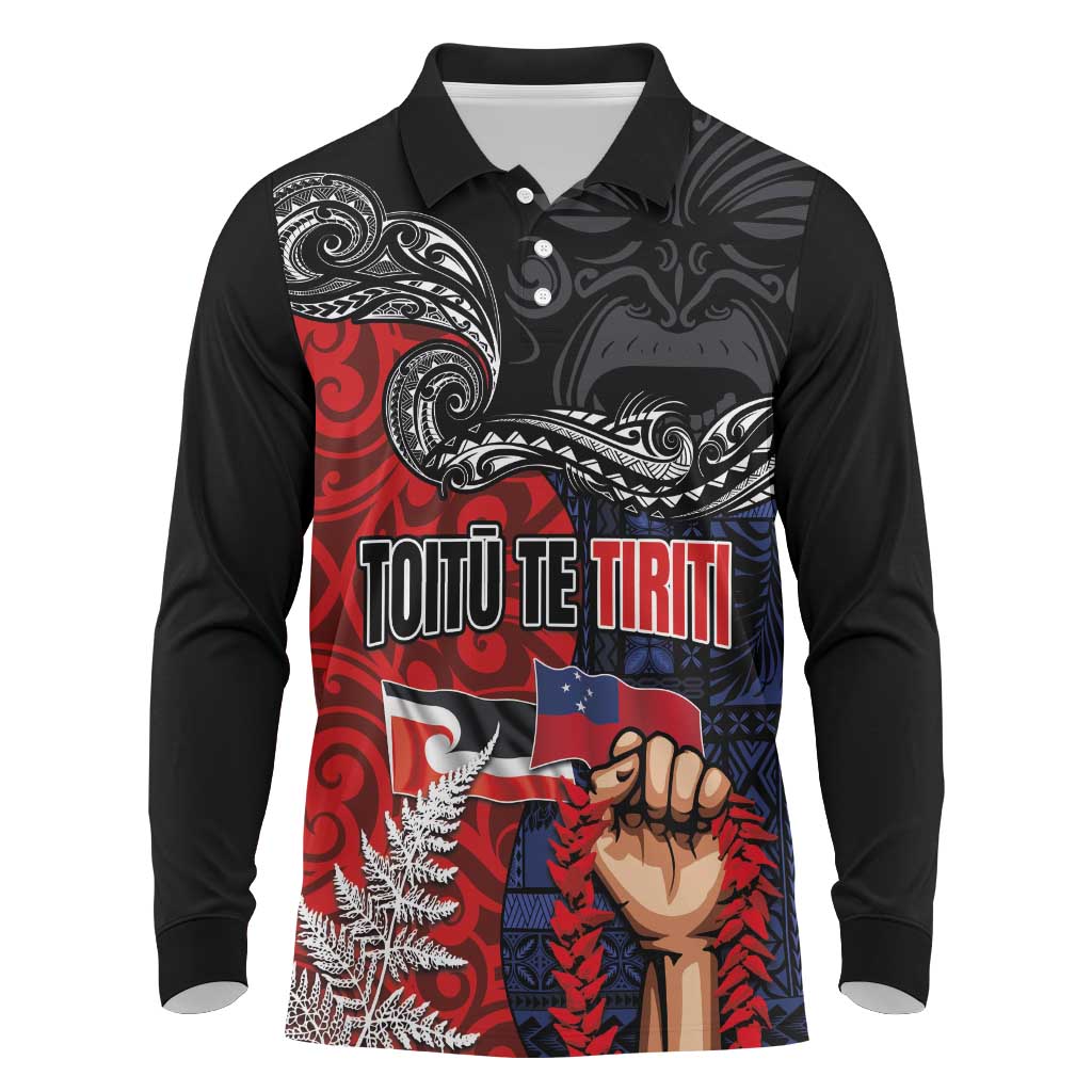 Aotearoa and Samoa Toitu Te Tiriti Long Sleeve Polo Shirt Honour the Treaty - Te Tiriti Is Us LT03 Black - Polynesian Pride