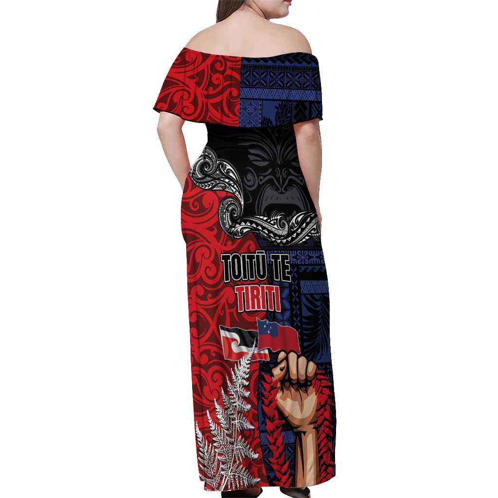 Aotearoa and Samoa Toitu Te Tiriti Off Shoulder Maxi Dress Honour the Treaty - Te Tiriti Is Us LT03 - Polynesian Pride