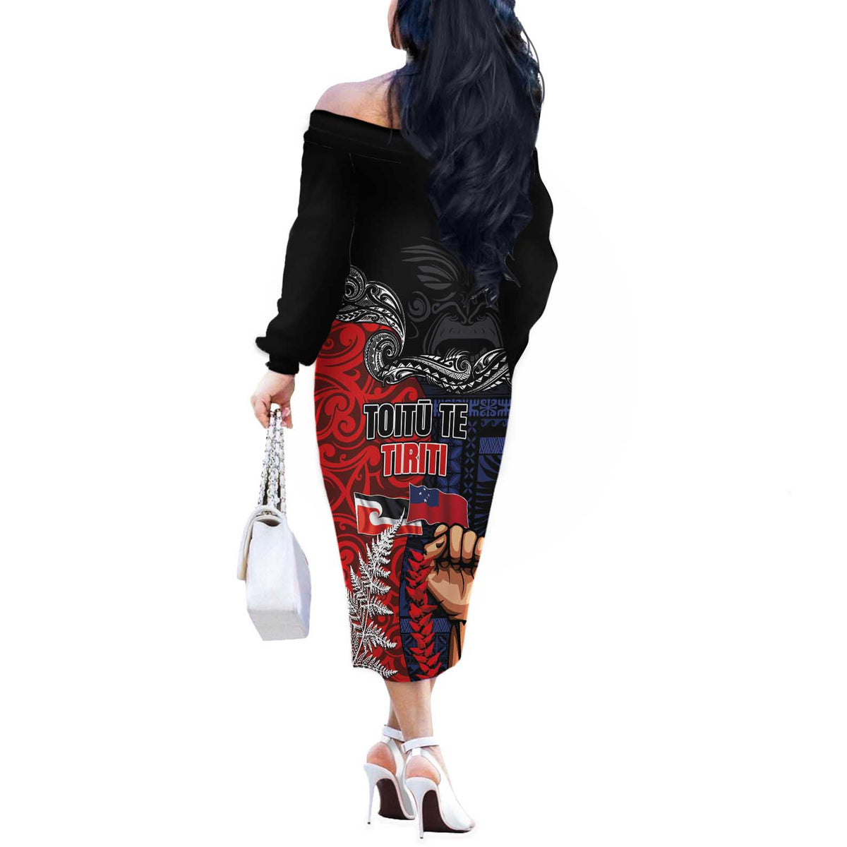Aotearoa and Samoa Toitu Te Tiriti Off The Shoulder Long Sleeve Dress Honour the Treaty - Te Tiriti Is Us LT03 - Polynesian Pride