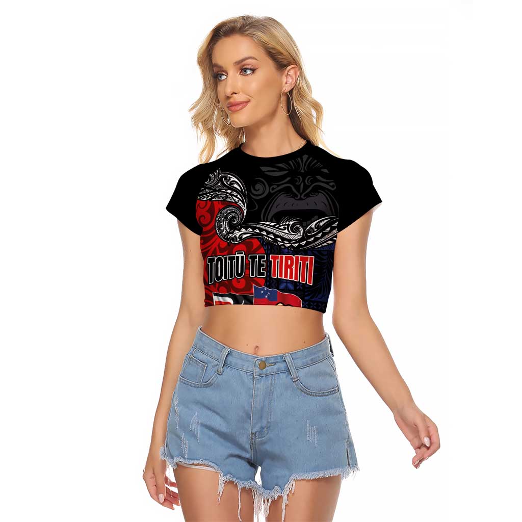 Aotearoa and Samoa Toitu Te Tiriti Raglan Cropped T Shirt Honour the Treaty - Te Tiriti Is Us LT03 Female Black - Polynesian Pride