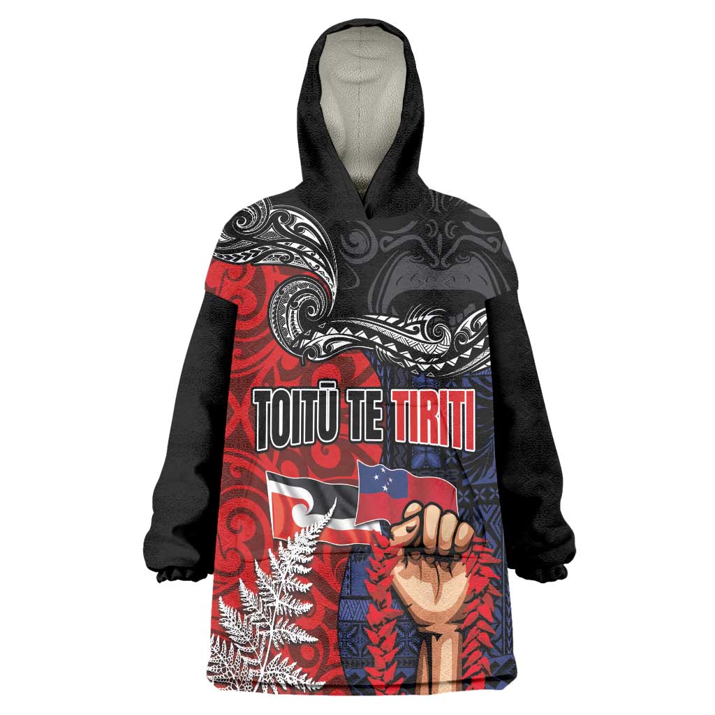 Aotearoa and Samoa Toitu Te Tiriti Wearable Blanket Hoodie Honour the Treaty - Te Tiriti Is Us LT03 One Size Black - Polynesian Pride