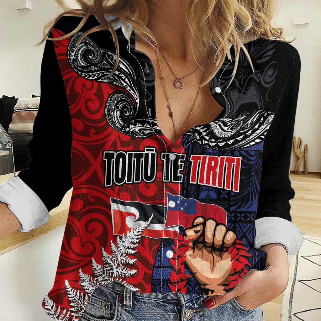 Aotearoa and Samoa Toitu Te Tiriti Women Casual Shirt Honour the Treaty - Te Tiriti Is Us LT03 Female Black - Polynesian Pride