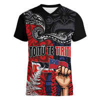 Aotearoa and Samoa Toitu Te Tiriti Women V-Neck T-Shirt Honour the Treaty - Te Tiriti Is Us LT03 Female Black - Polynesian Pride
