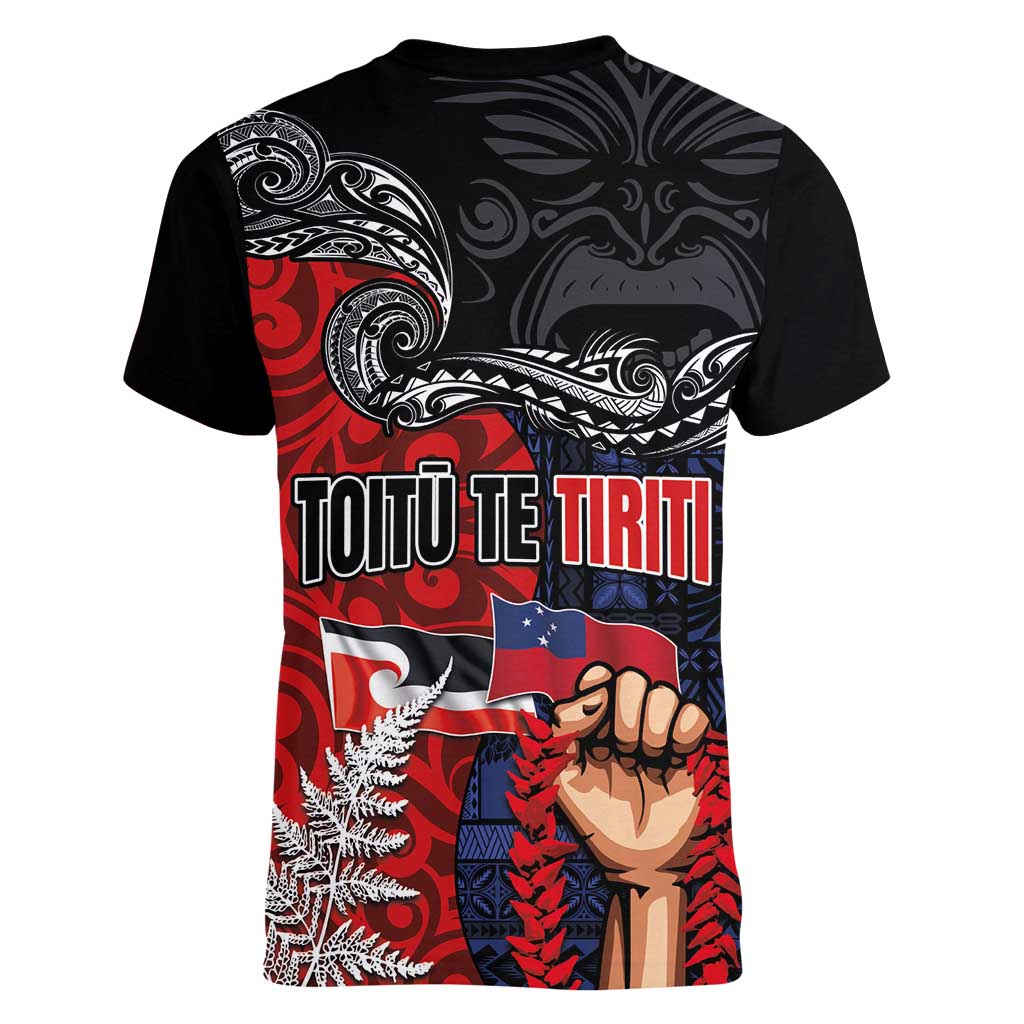 Aotearoa and Samoa Toitu Te Tiriti Women V-Neck T-Shirt Honour the Treaty - Te Tiriti Is Us LT03 - Polynesian Pride