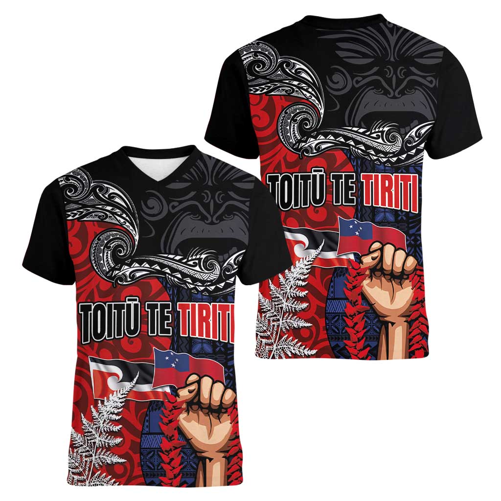 Aotearoa and Samoa Toitu Te Tiriti Women V-Neck T-Shirt Honour the Treaty - Te Tiriti Is Us LT03 - Polynesian Pride