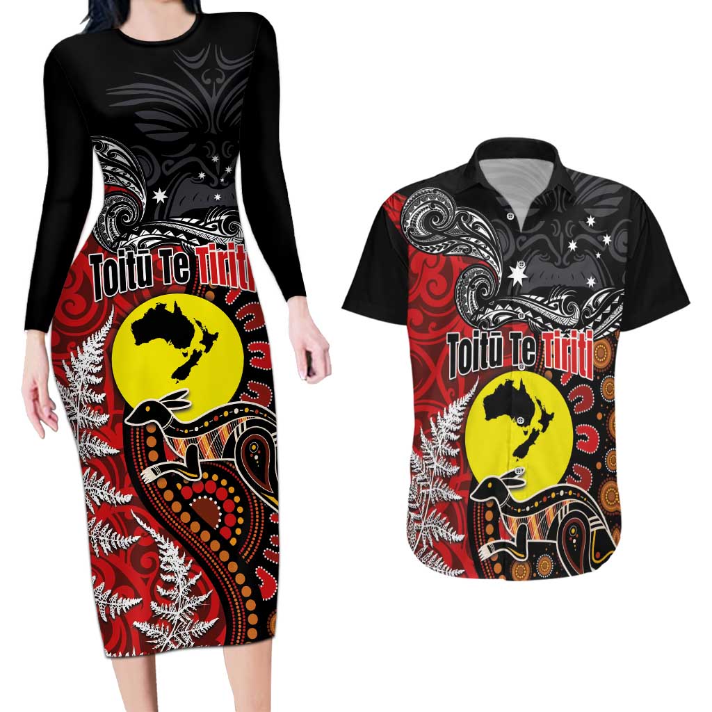Aotearoa and Australia Toitu Te Tiriti Couples Matching Long Sleeve Bodycon Dress and Hawaiian Shirt Honour the Treaty - Te Tiriti Is Us LT03 Black - Polynesian Pride