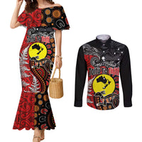 Aotearoa and Australia Toitu Te Tiriti Couples Matching Mermaid Dress and Long Sleeve Button Shirt Honour the Treaty - Te Tiriti Is Us LT03 Black - Polynesian Pride