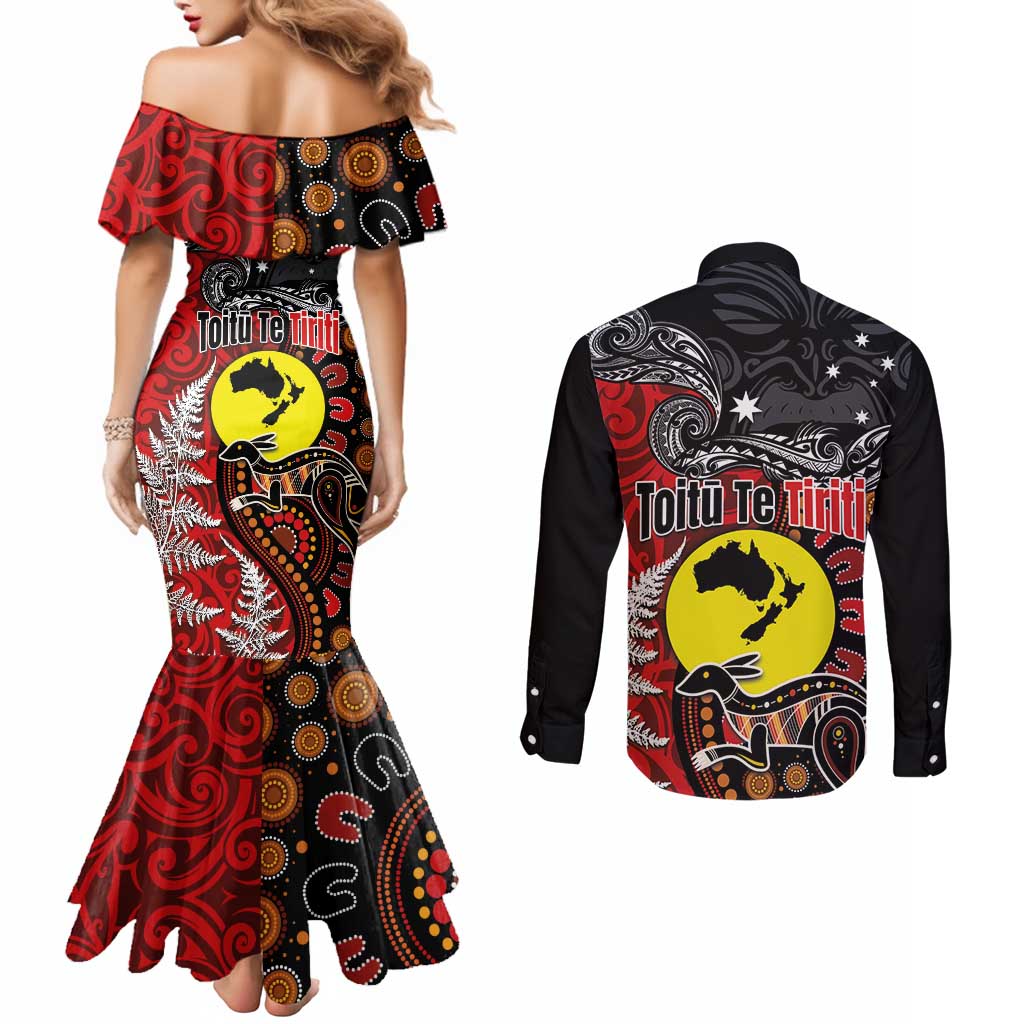 Aotearoa and Australia Toitu Te Tiriti Couples Matching Mermaid Dress and Long Sleeve Button Shirt Honour the Treaty - Te Tiriti Is Us LT03 - Polynesian Pride