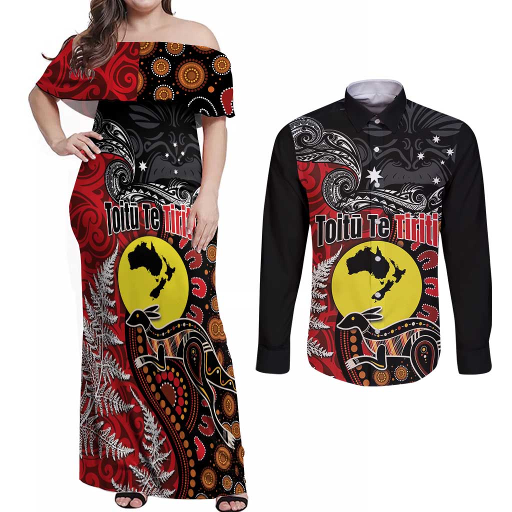 Aotearoa and Australia Toitu Te Tiriti Couples Matching Off Shoulder Maxi Dress and Long Sleeve Button Shirt Honour the Treaty - Te Tiriti Is Us LT03 Black - Polynesian Pride