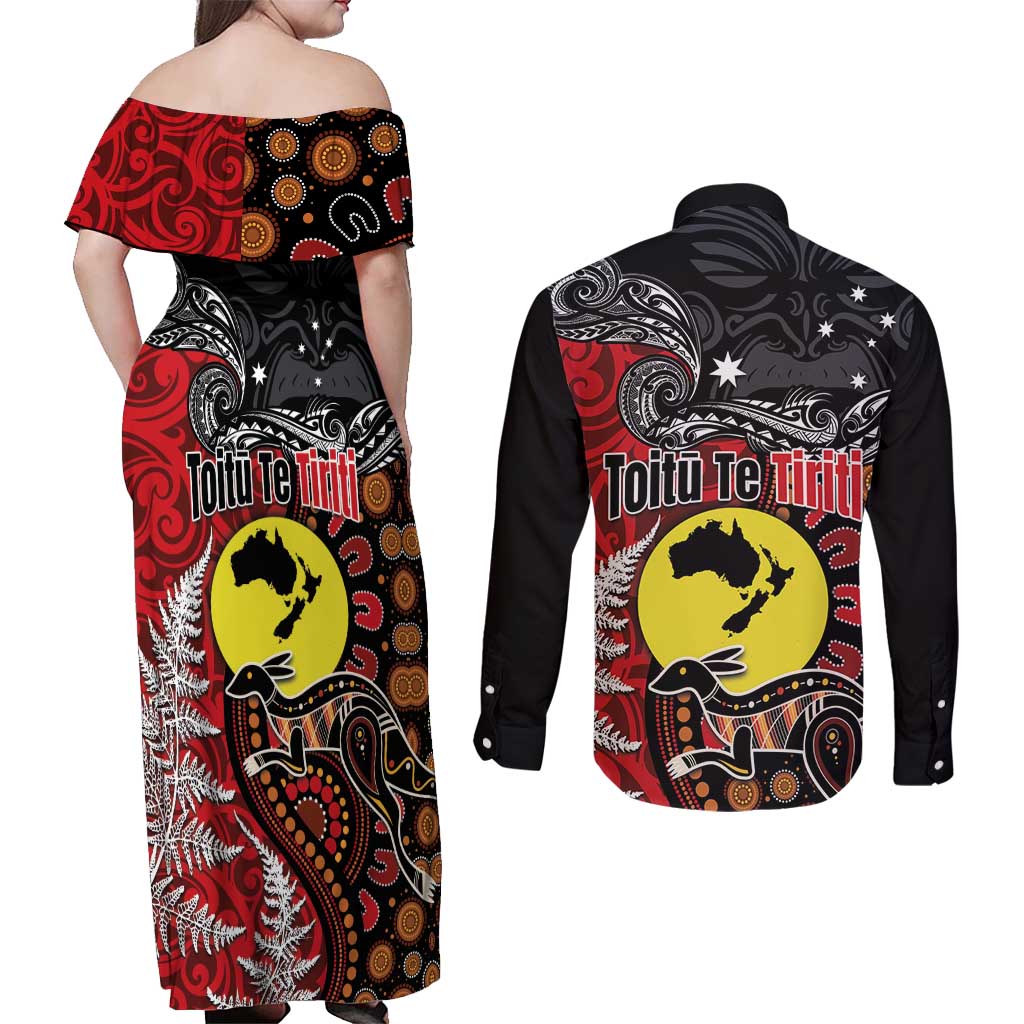 Aotearoa and Australia Toitu Te Tiriti Couples Matching Off Shoulder Maxi Dress and Long Sleeve Button Shirt Honour the Treaty - Te Tiriti Is Us LT03 - Polynesian Pride