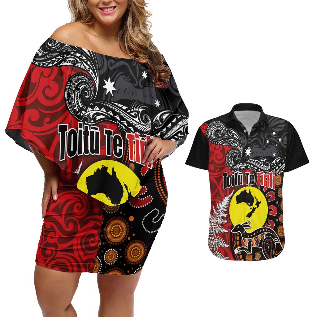 Aotearoa and Australia Toitu Te Tiriti Couples Matching Off Shoulder Short Dress and Hawaiian Shirt Honour the Treaty - Te Tiriti Is Us LT03 Black - Polynesian Pride