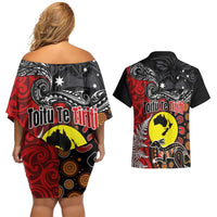 Aotearoa and Australia Toitu Te Tiriti Couples Matching Off Shoulder Short Dress and Hawaiian Shirt Honour the Treaty - Te Tiriti Is Us LT03 - Polynesian Pride