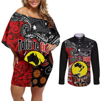 Aotearoa and Australia Toitu Te Tiriti Couples Matching Off Shoulder Short Dress and Long Sleeve Button Shirt Honour the Treaty - Te Tiriti Is Us LT03 Black - Polynesian Pride