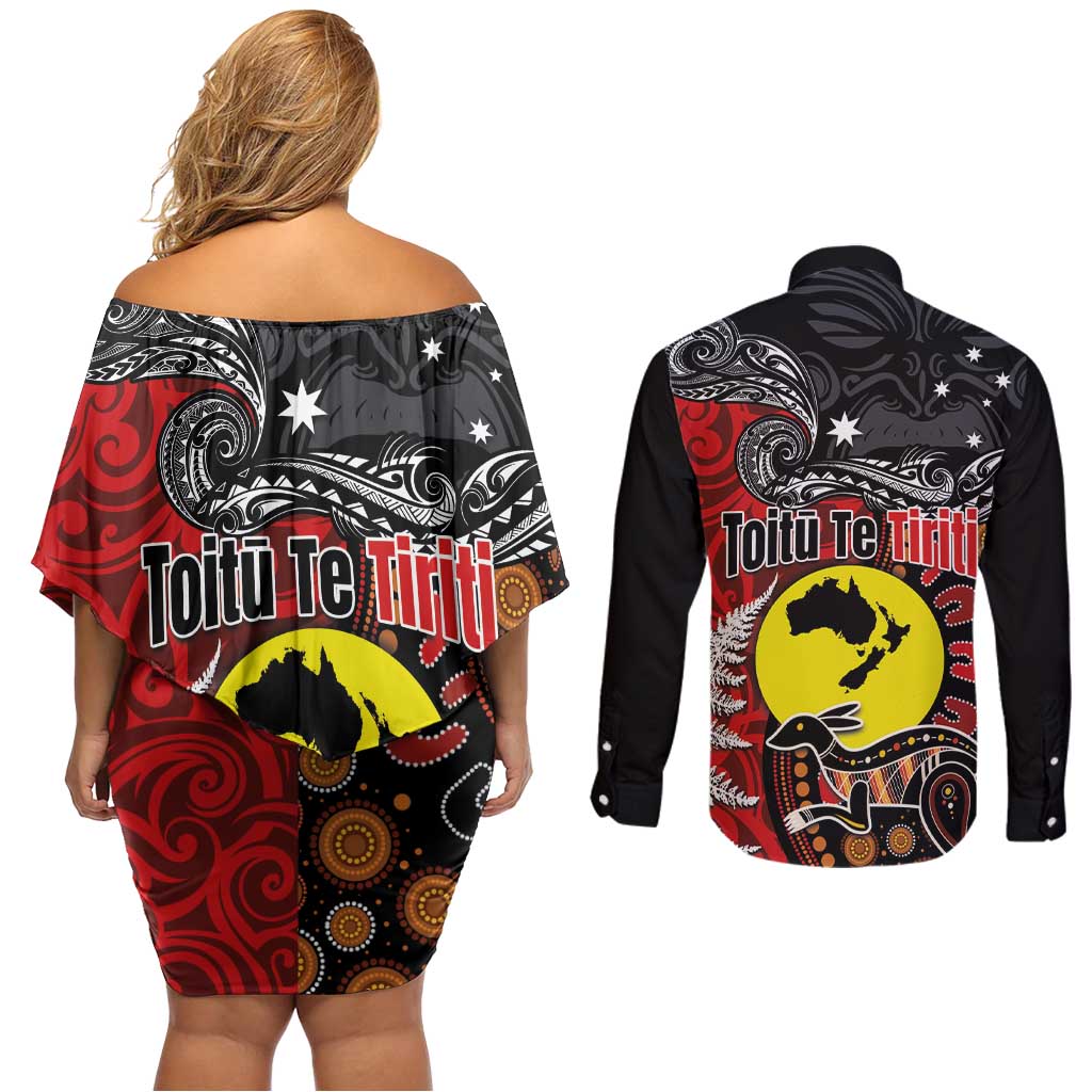 Aotearoa and Australia Toitu Te Tiriti Couples Matching Off Shoulder Short Dress and Long Sleeve Button Shirt Honour the Treaty - Te Tiriti Is Us LT03 - Polynesian Pride