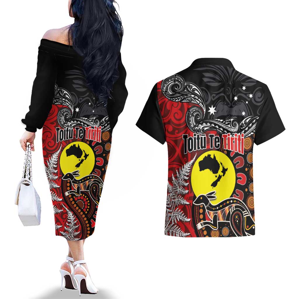 Aotearoa and Australia Toitu Te Tiriti Couples Matching Off The Shoulder Long Sleeve Dress and Hawaiian Shirt Honour the Treaty - Te Tiriti Is Us LT03 - Polynesian Pride
