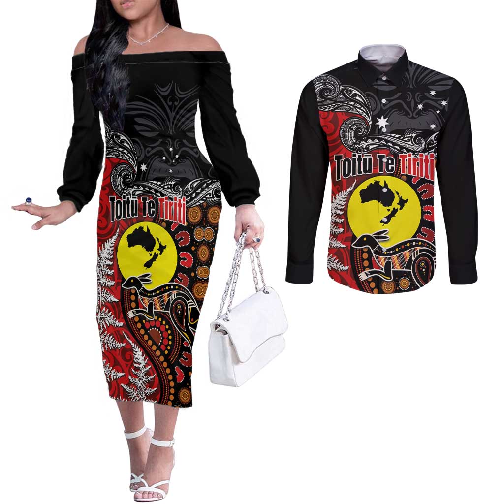 Aotearoa and Australia Toitu Te Tiriti Couples Matching Off The Shoulder Long Sleeve Dress and Long Sleeve Button Shirt Honour the Treaty - Te Tiriti Is Us LT03 Black - Polynesian Pride