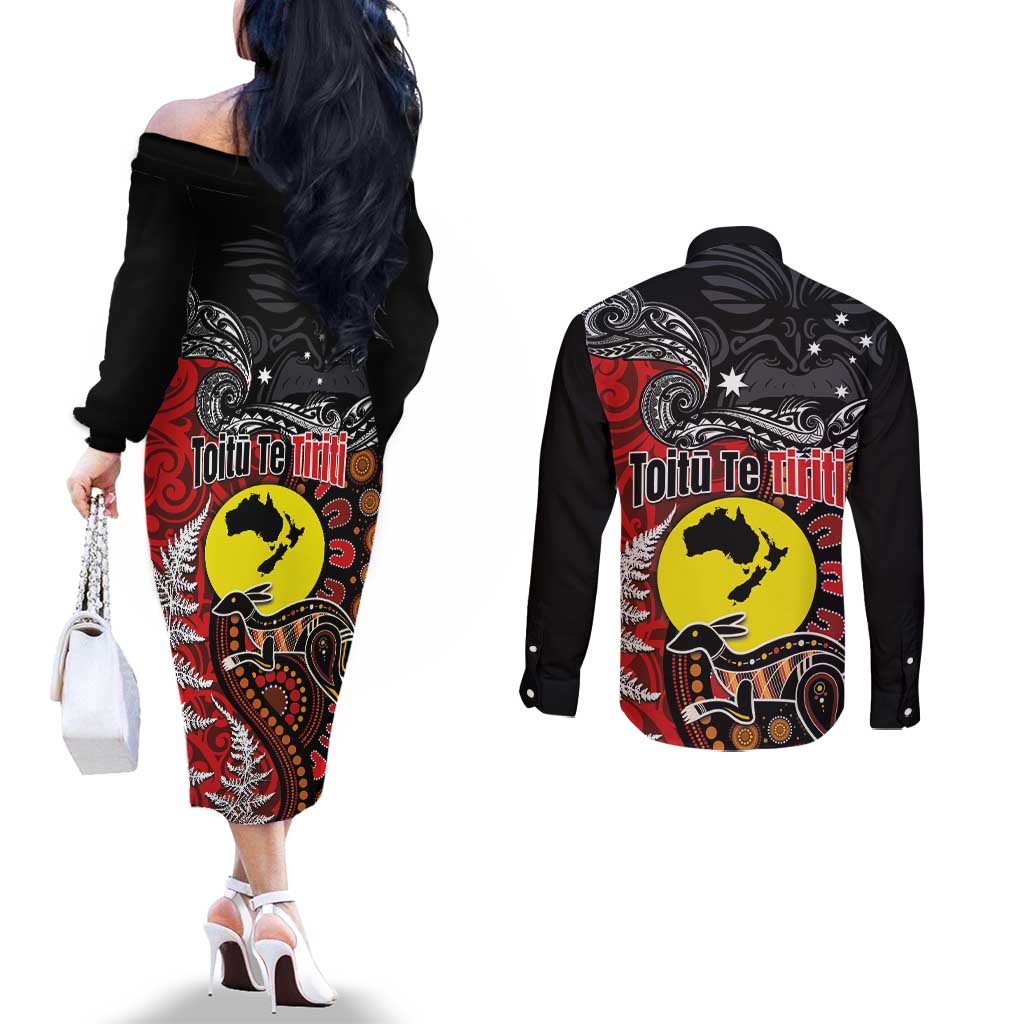 Aotearoa and Australia Toitu Te Tiriti Couples Matching Off The Shoulder Long Sleeve Dress and Long Sleeve Button Shirt Honour the Treaty - Te Tiriti Is Us LT03 - Polynesian Pride