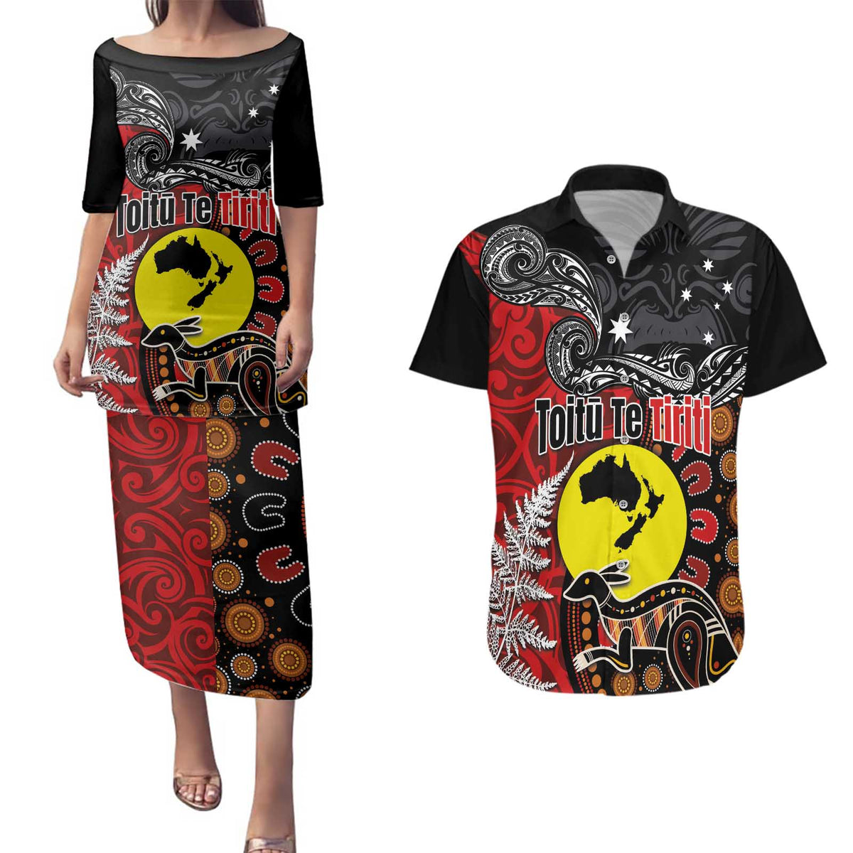 Aotearoa and Australia Toitu Te Tiriti Couples Matching Puletasi and Hawaiian Shirt Honour the Treaty - Te Tiriti Is Us LT03 Black - Polynesian Pride