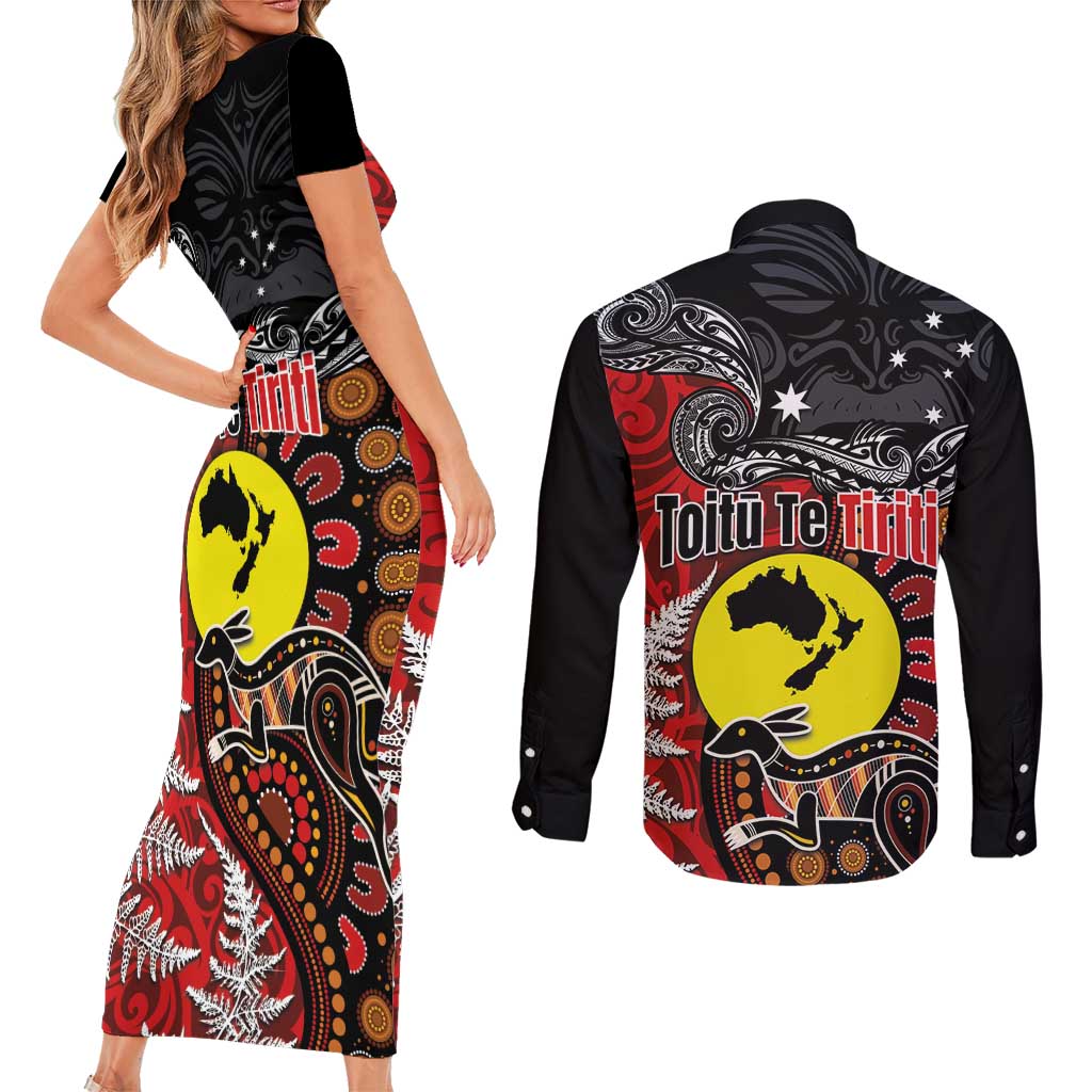 Aotearoa and Australia Toitu Te Tiriti Couples Matching Short Sleeve Bodycon Dress and Long Sleeve Button Shirt Honour the Treaty - Te Tiriti Is Us LT03 - Polynesian Pride