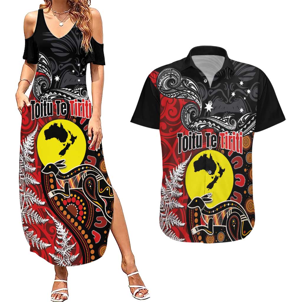 Aotearoa and Australia Toitu Te Tiriti Couples Matching Summer Maxi Dress and Hawaiian Shirt Honour the Treaty - Te Tiriti Is Us LT03 Black - Polynesian Pride