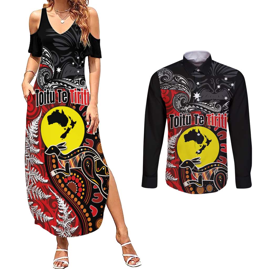 Aotearoa and Australia Toitu Te Tiriti Couples Matching Summer Maxi Dress and Long Sleeve Button Shirt Honour the Treaty - Te Tiriti Is Us LT03 Black - Polynesian Pride