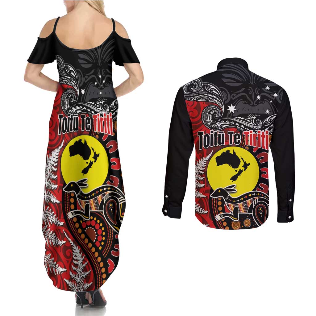 Aotearoa and Australia Toitu Te Tiriti Couples Matching Summer Maxi Dress and Long Sleeve Button Shirt Honour the Treaty - Te Tiriti Is Us LT03 - Polynesian Pride