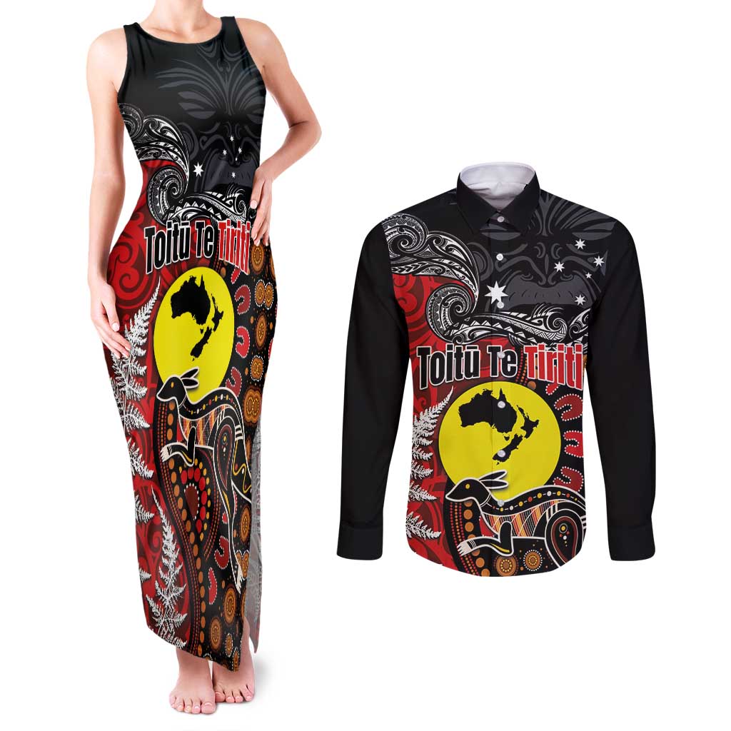 Aotearoa and Australia Toitu Te Tiriti Couples Matching Tank Maxi Dress and Long Sleeve Button Shirt Honour the Treaty - Te Tiriti Is Us LT03 Black - Polynesian Pride