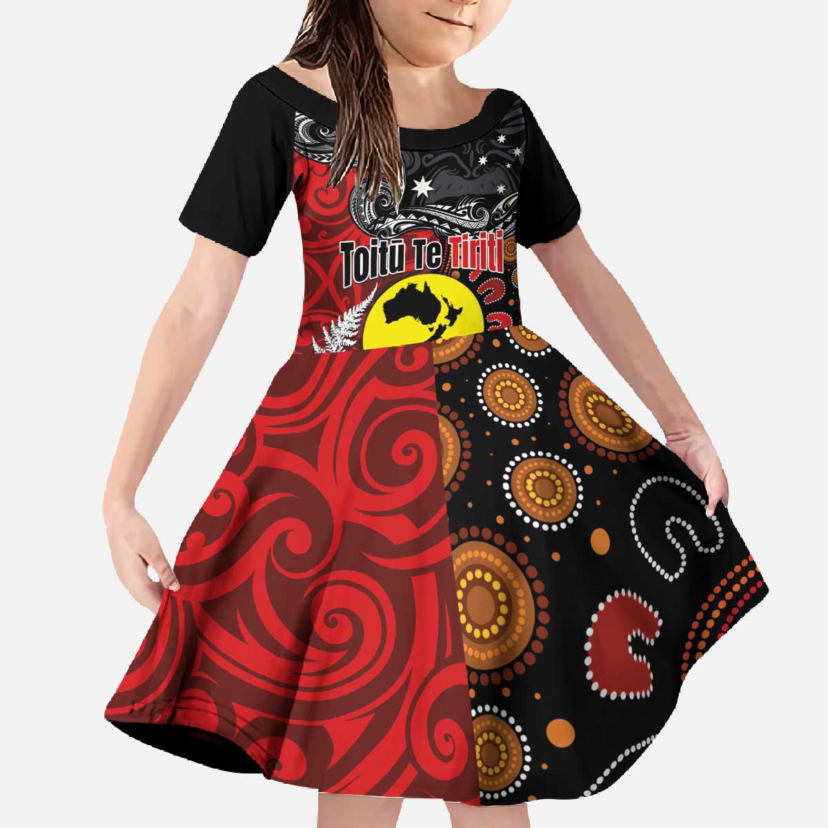 Aotearoa and Australia Toitu Te Tiriti Family Matching Off The Shoulder Long Sleeve Dress and Hawaiian Shirt Honour the Treaty - Te Tiriti Is Us LT03 Daughter's Dress Black - Polynesian Pride