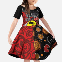 Aotearoa and Australia Toitu Te Tiriti Family Matching Off The Shoulder Long Sleeve Dress and Hawaiian Shirt Honour the Treaty - Te Tiriti Is Us LT03 Daughter's Dress Black - Polynesian Pride