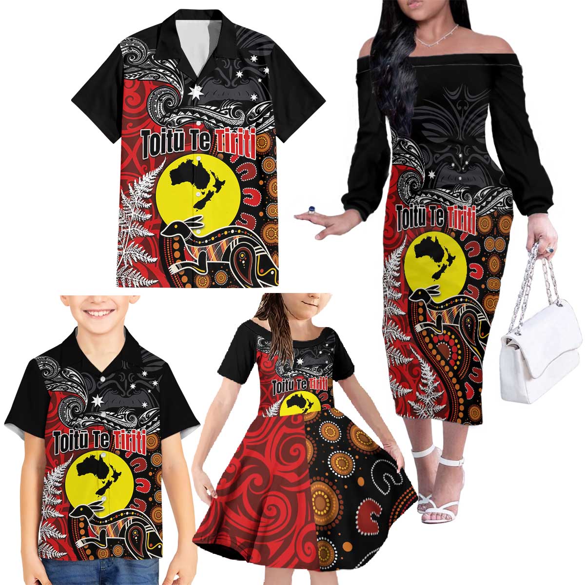 Aotearoa and Australia Toitu Te Tiriti Family Matching Off The Shoulder Long Sleeve Dress and Hawaiian Shirt Honour the Treaty - Te Tiriti Is Us LT03 - Polynesian Pride