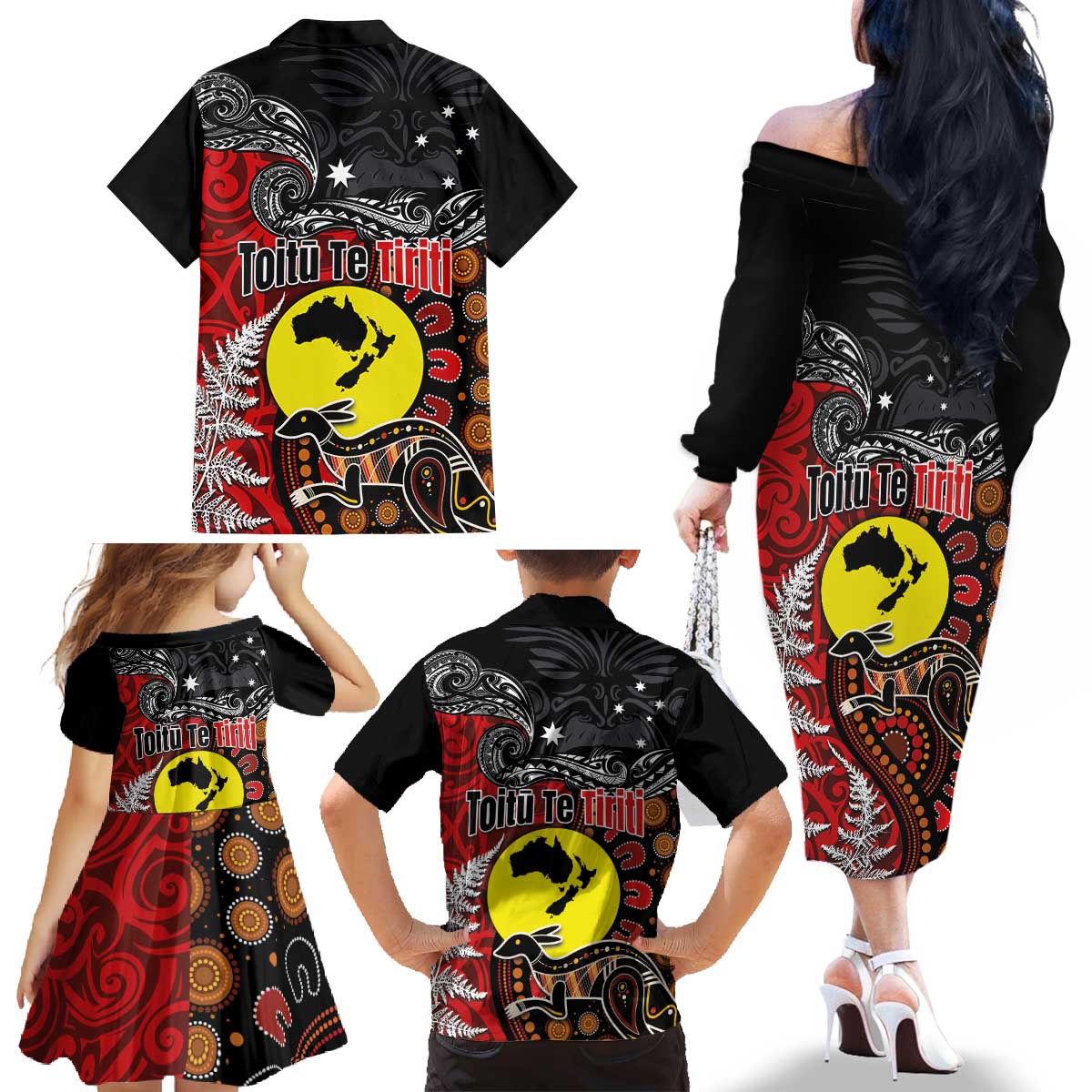 Aotearoa and Australia Toitu Te Tiriti Family Matching Off The Shoulder Long Sleeve Dress and Hawaiian Shirt Honour the Treaty - Te Tiriti Is Us LT03 - Polynesian Pride