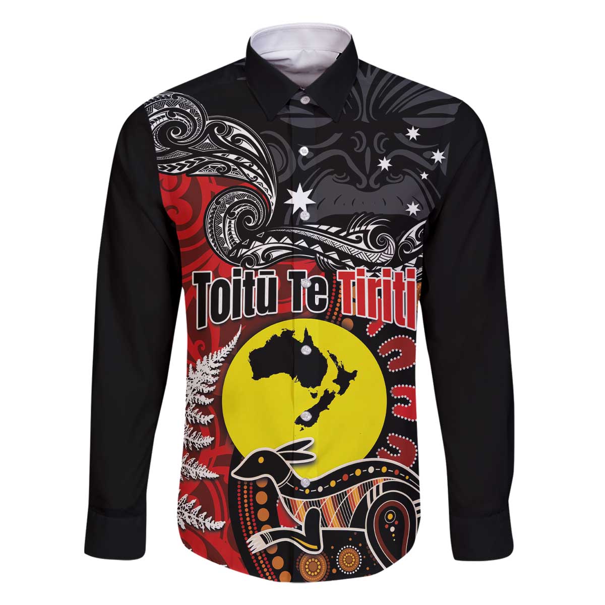 Aotearoa and Australia Toitu Te Tiriti Family Matching Off The Shoulder Long Sleeve Dress and Hawaiian Shirt Honour the Treaty - Te Tiriti Is Us LT03 Dad's Shirt - Long Sleeve Black - Polynesian Pride