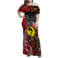 Aotearoa and Australia Toitu Te Tiriti Family Matching Off Shoulder Maxi Dress and Hawaiian Shirt Honour the Treaty - Te Tiriti Is Us LT03 Mom's Dress Black - Polynesian Pride