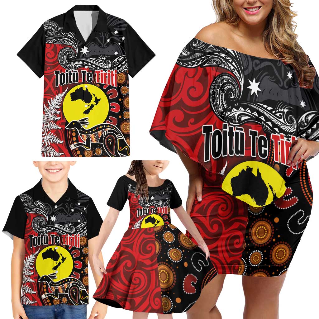 Aotearoa and Australia Toitu Te Tiriti Family Matching Off Shoulder Short Dress and Hawaiian Shirt Honour the Treaty - Te Tiriti Is Us LT03 - Polynesian Pride