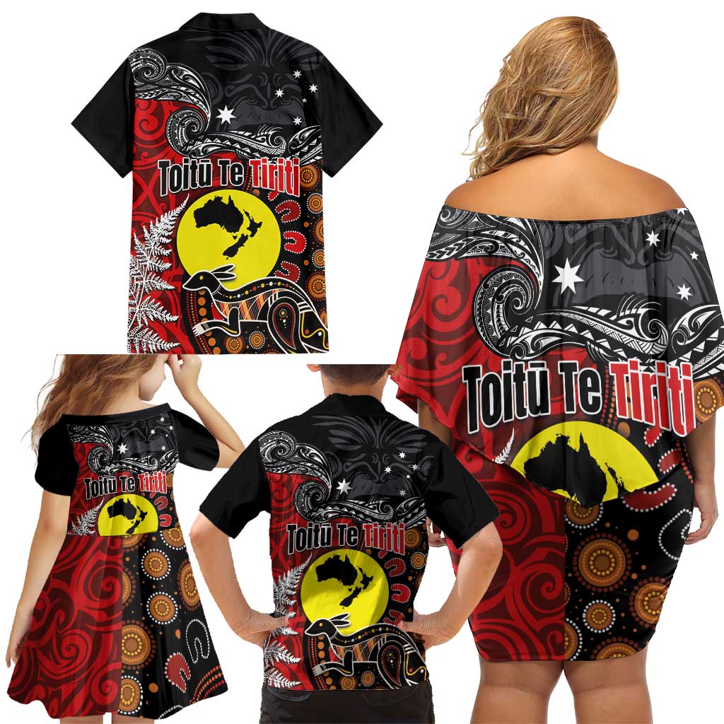 Aotearoa and Australia Toitu Te Tiriti Family Matching Off Shoulder Short Dress and Hawaiian Shirt Honour the Treaty - Te Tiriti Is Us LT03 - Polynesian Pride